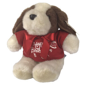 VTG Oshko Dog Plush Red Shirt Happy Birthday 10" Stuffed Animal White Brown Tags